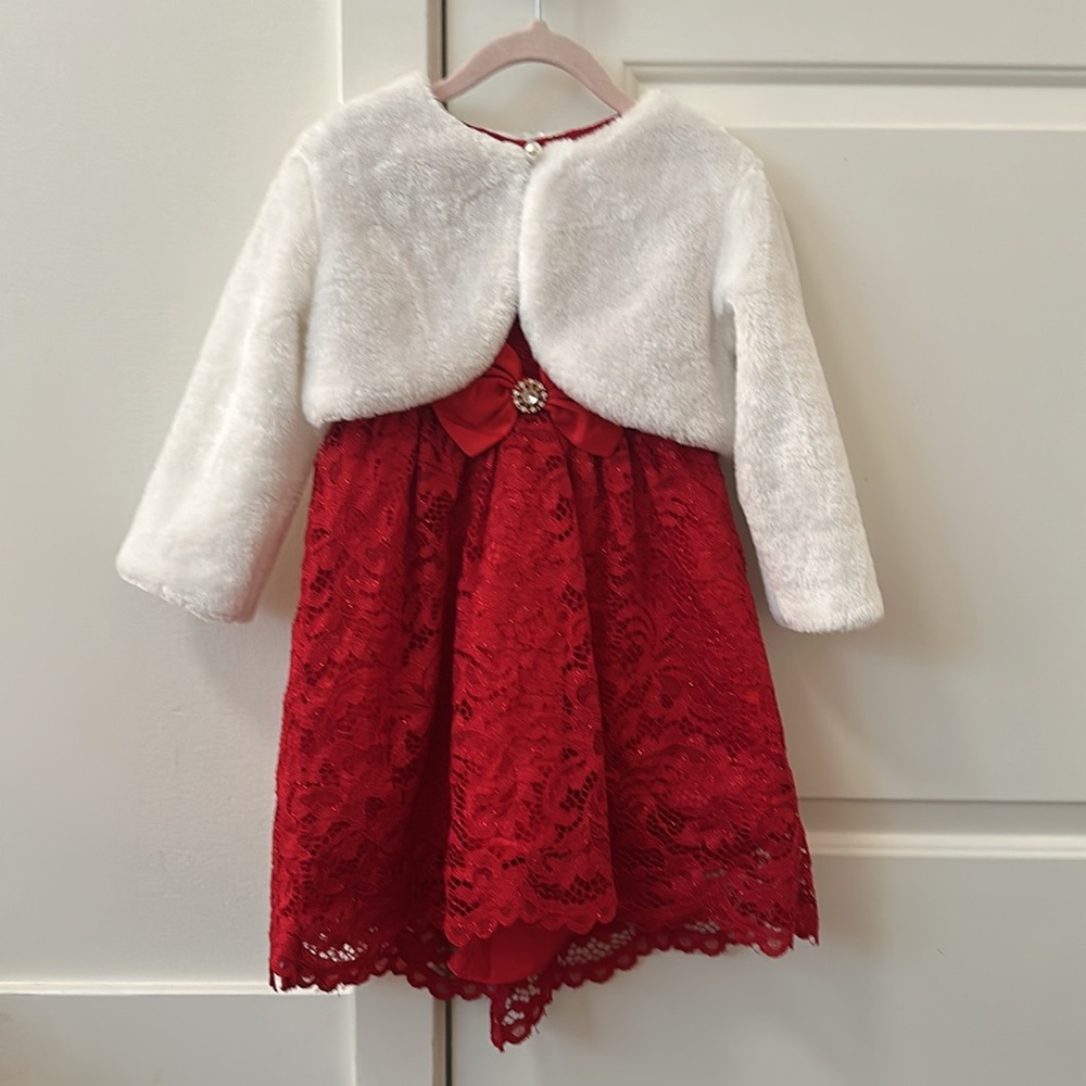 Rare Editions Glitter Lace Satine Jeweled Bow Dress,White Faux Fur Bolero Jacket